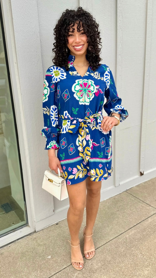 Jenny Floral Belted Dress - Cobalt