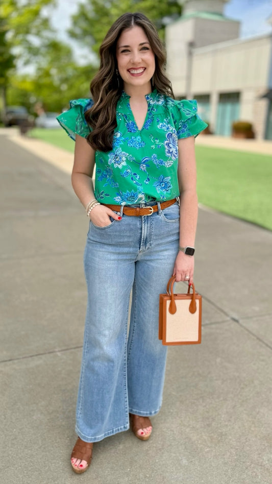 Pretty in Poplin Top - Green & Blue Floral