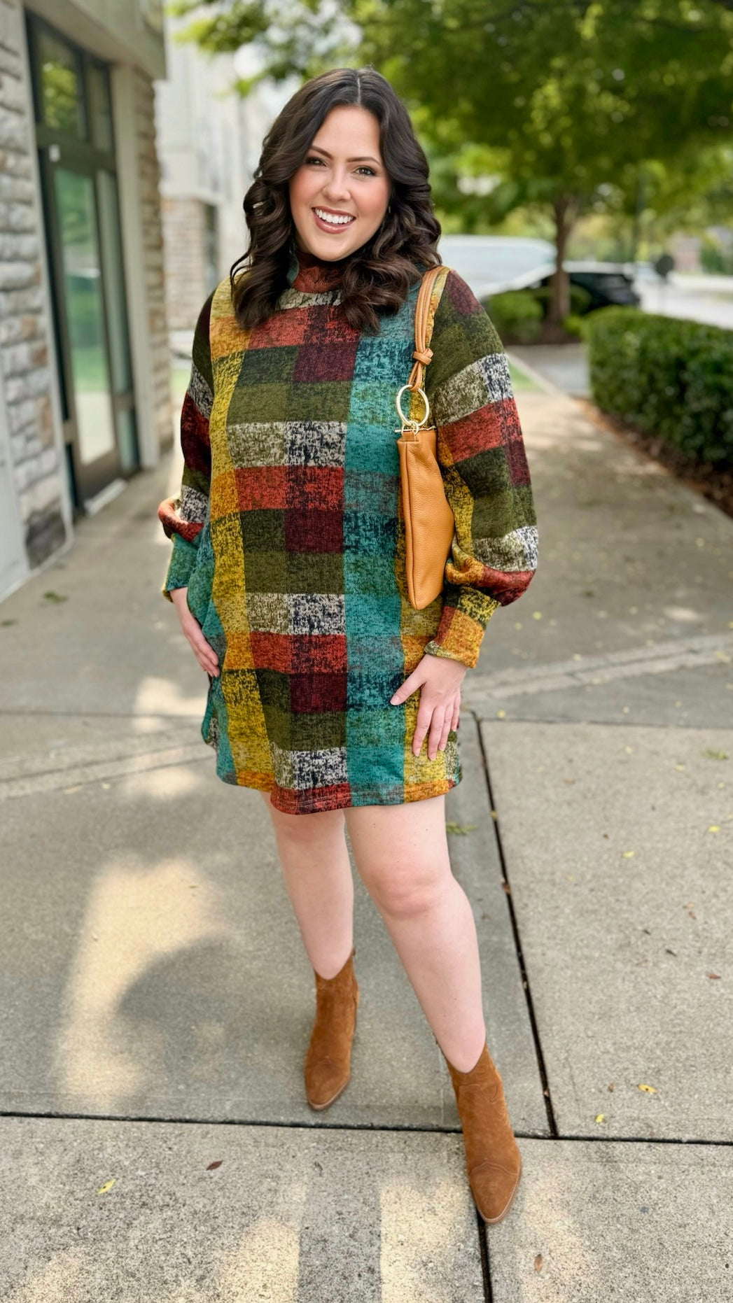 Multi Plaid Sweater Dress - Olive Mix