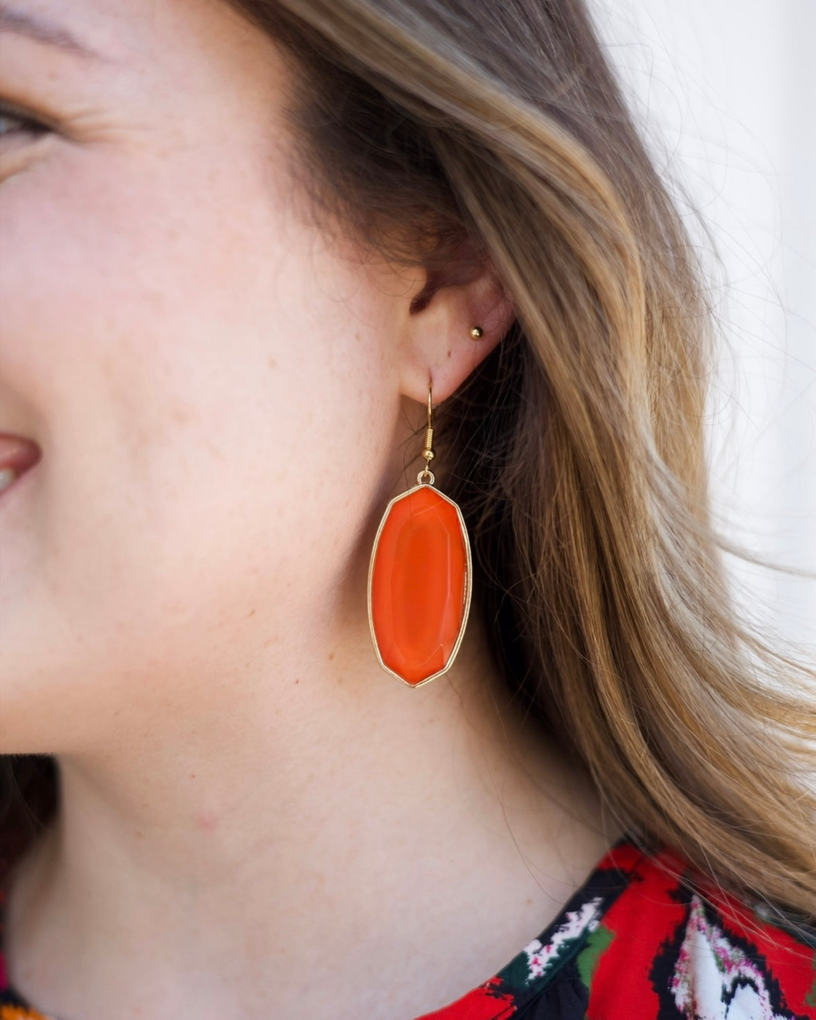 Hexagon Dangle Earrings - Coral