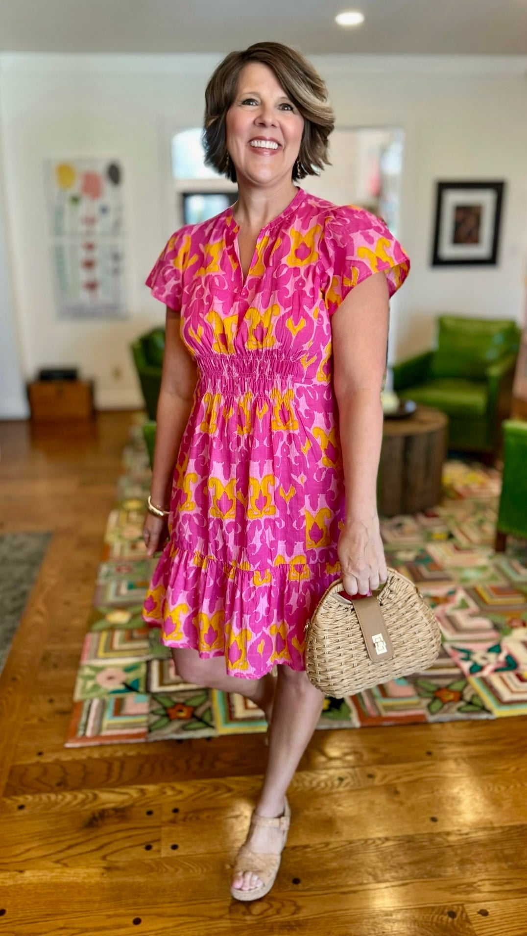 Ivy Jane Pink Ikat Shirred Front Dress