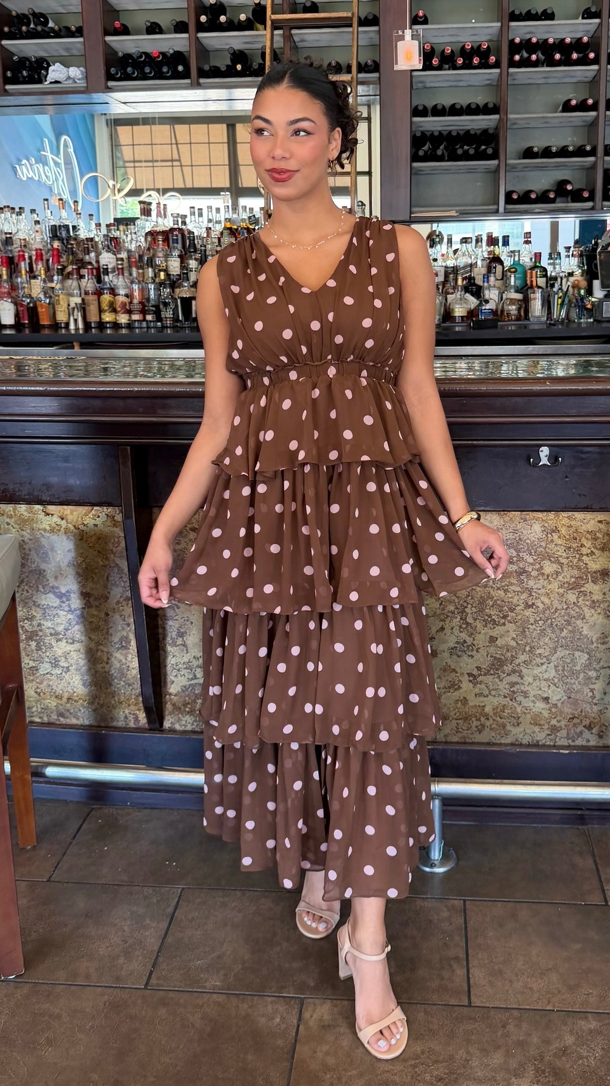Dawn Polka Dot Chiffon Dress - Mocha