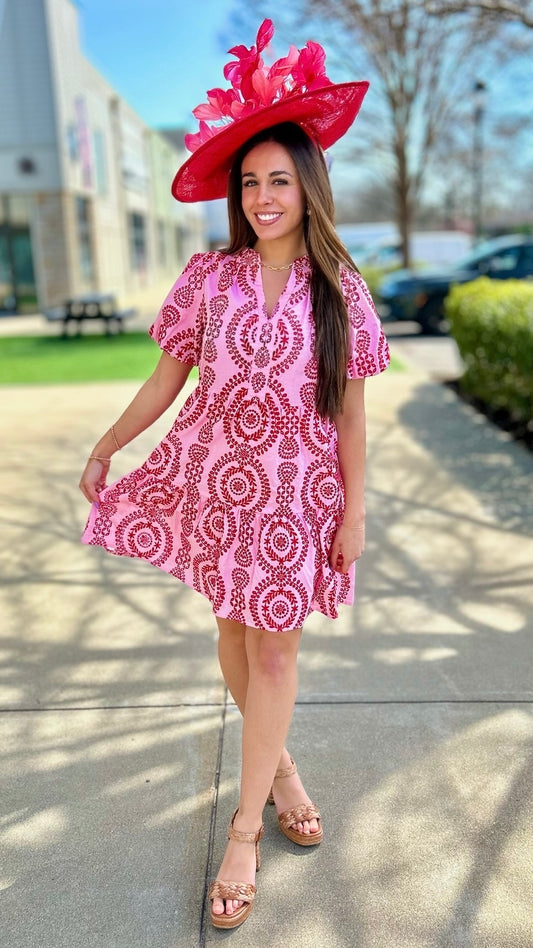Eva Eyelet Embroidered V Neck Dress - Pink & Red
