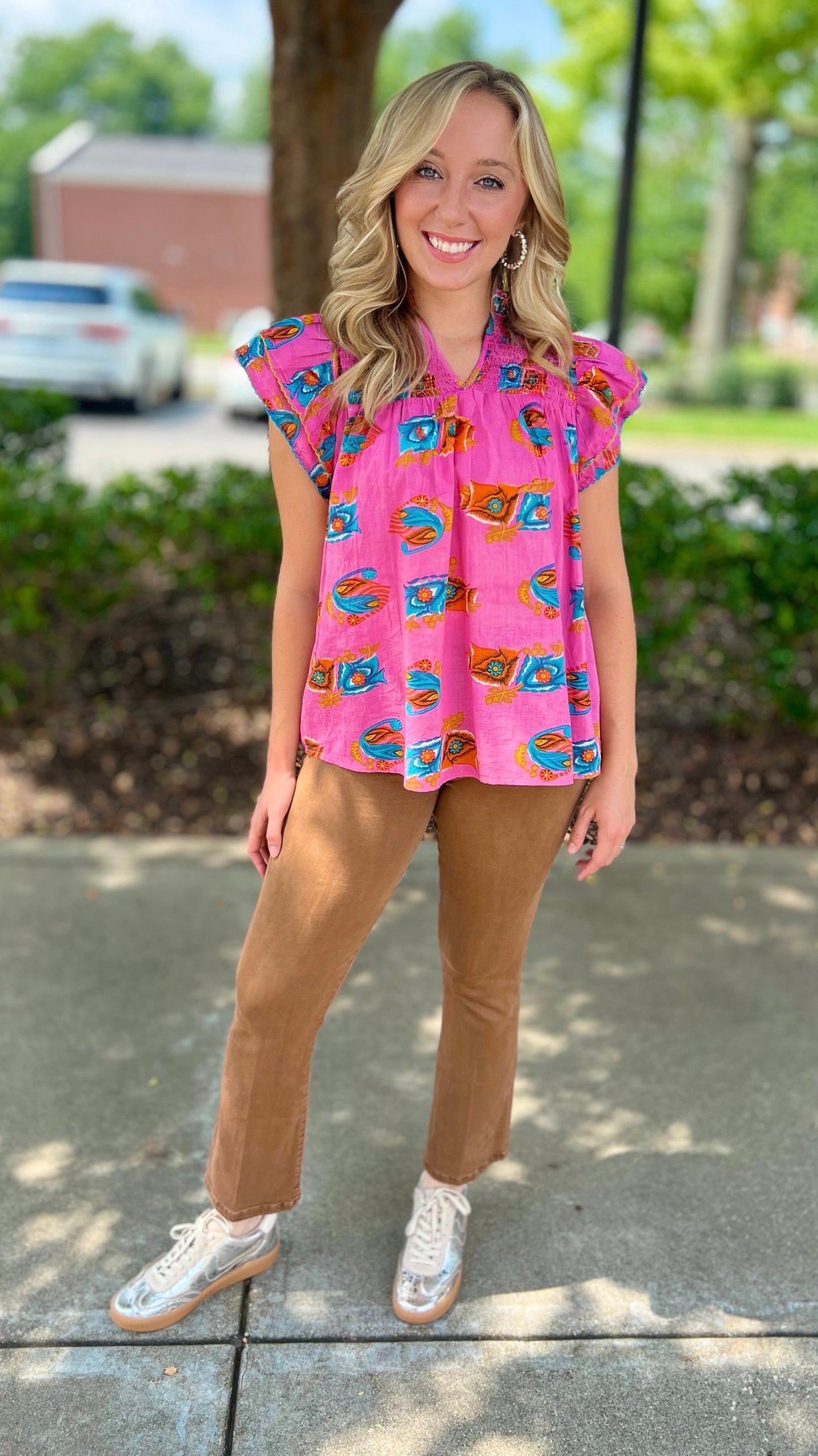 Ivy Jane Over Easy Smocked Yoke Blouse - Pink Paisley