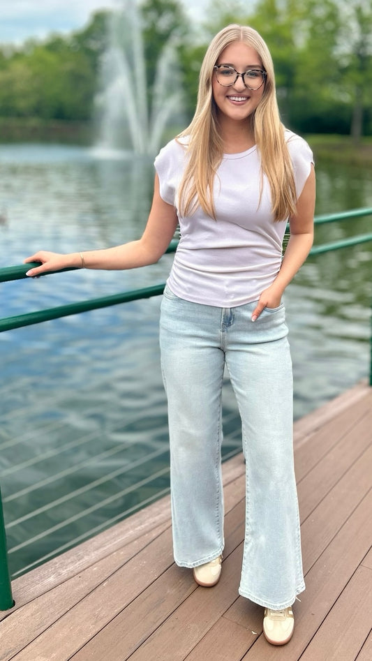 Michael Stars Joni Crew Neck Power Shoulder Top - Chalk