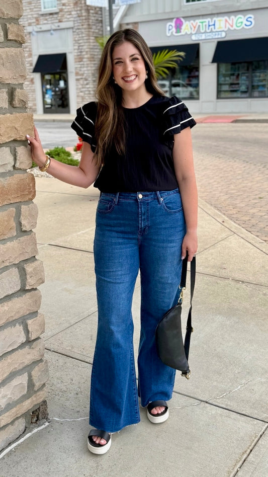 Josie Black & White Trim Flutter Sleeve Top