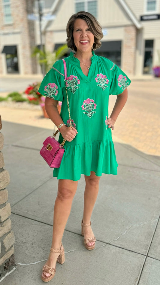 Pops Of Pink Poppies Mini Dress - Green