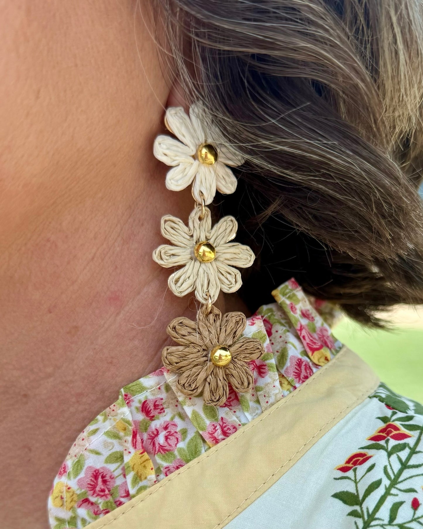 3 Tier Raffia Flower Dangle Earrings