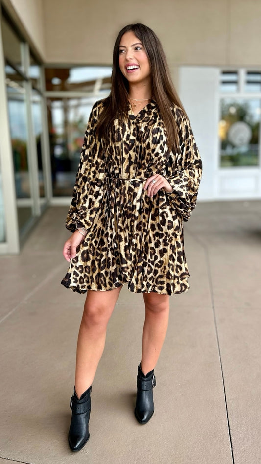 Leopard Pleated Button Up Dress