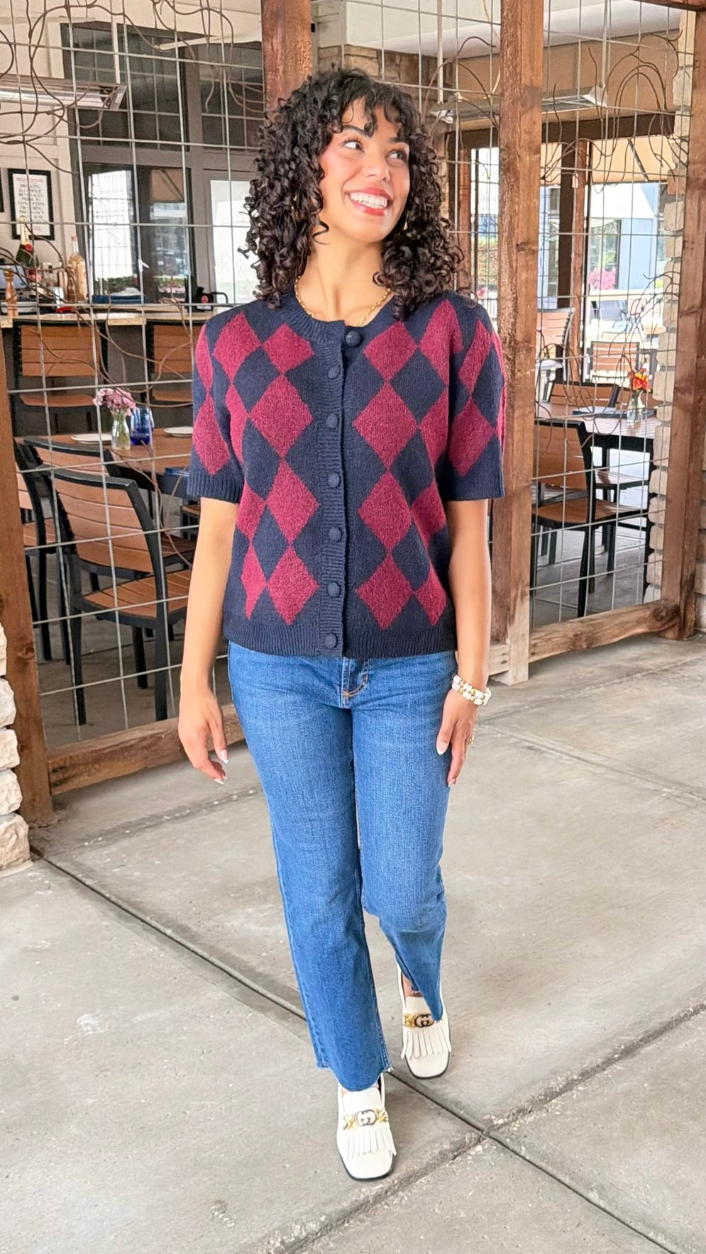 Jaslyn Diamond Cardigan - Navy & Maroon