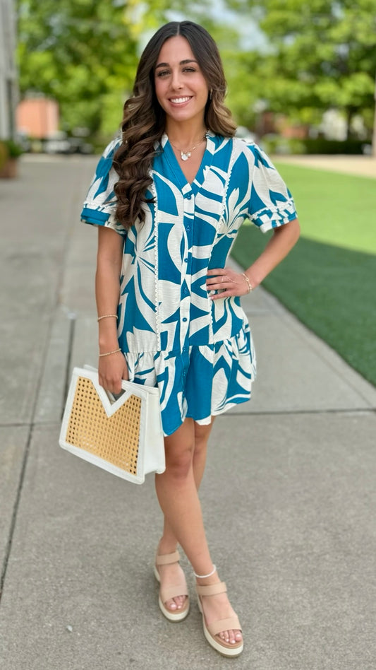 Celia Abstract Dress - Turquoise & Cream