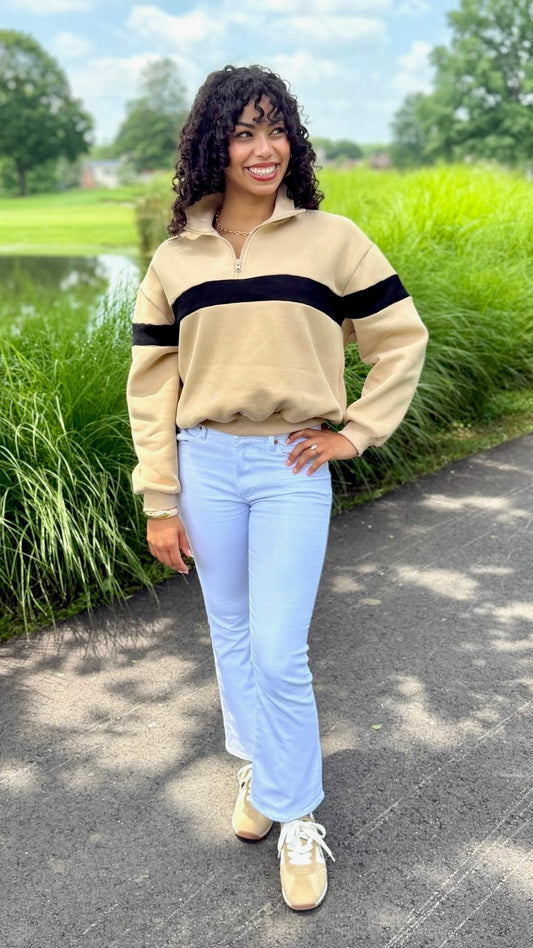 Piper Stripe Quarter Zip Sweatshirt - Taupe & Black
