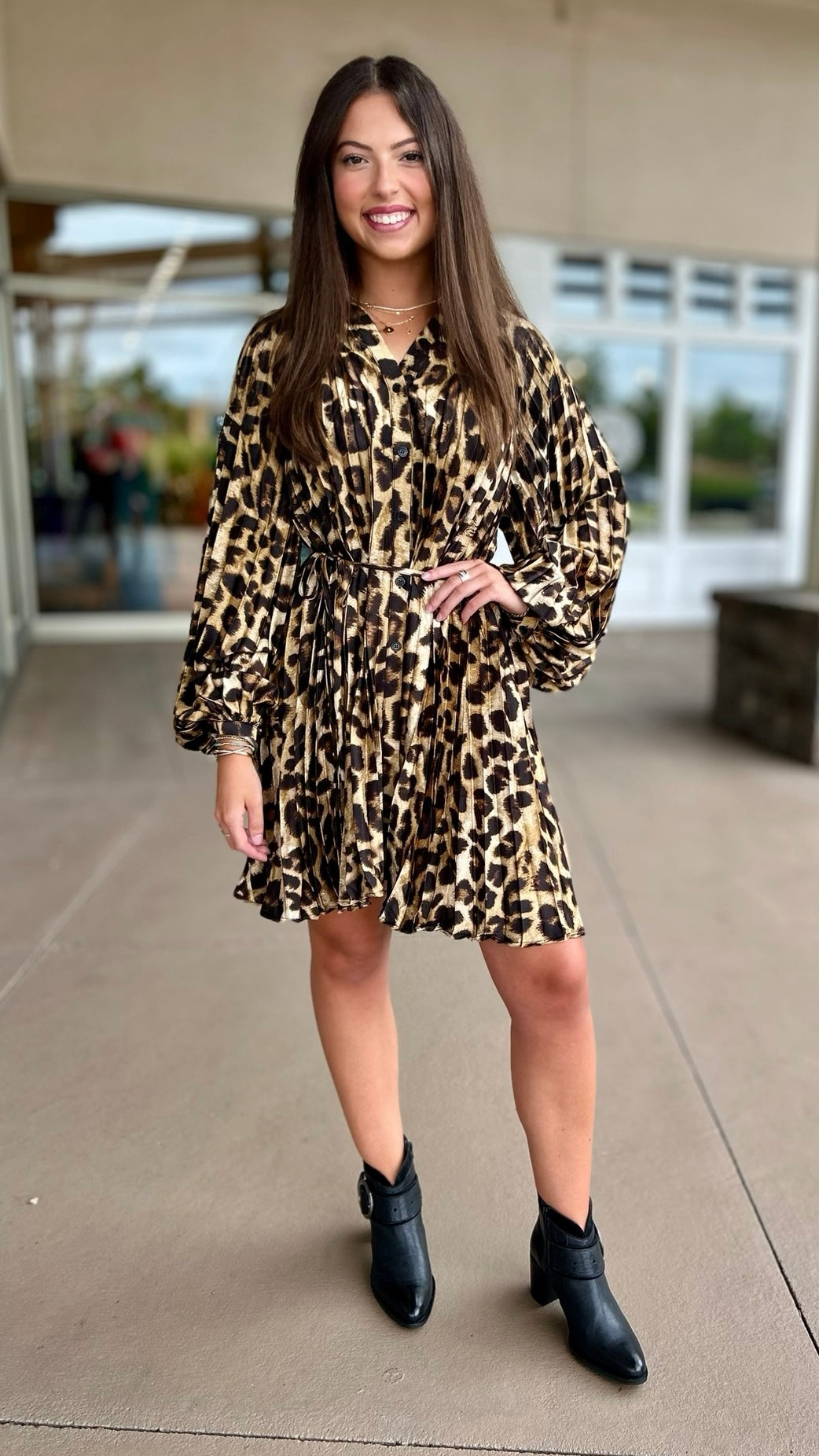 Leopard Pleated Button Up Dress
