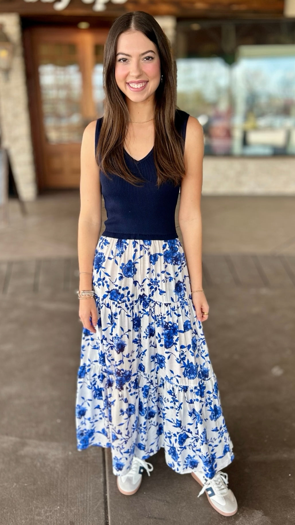 Floral Ikat Mixed Media Maxi Dress - Blue