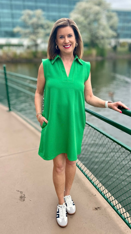 Lilian Ribbed Collared Dress - Kelly Green