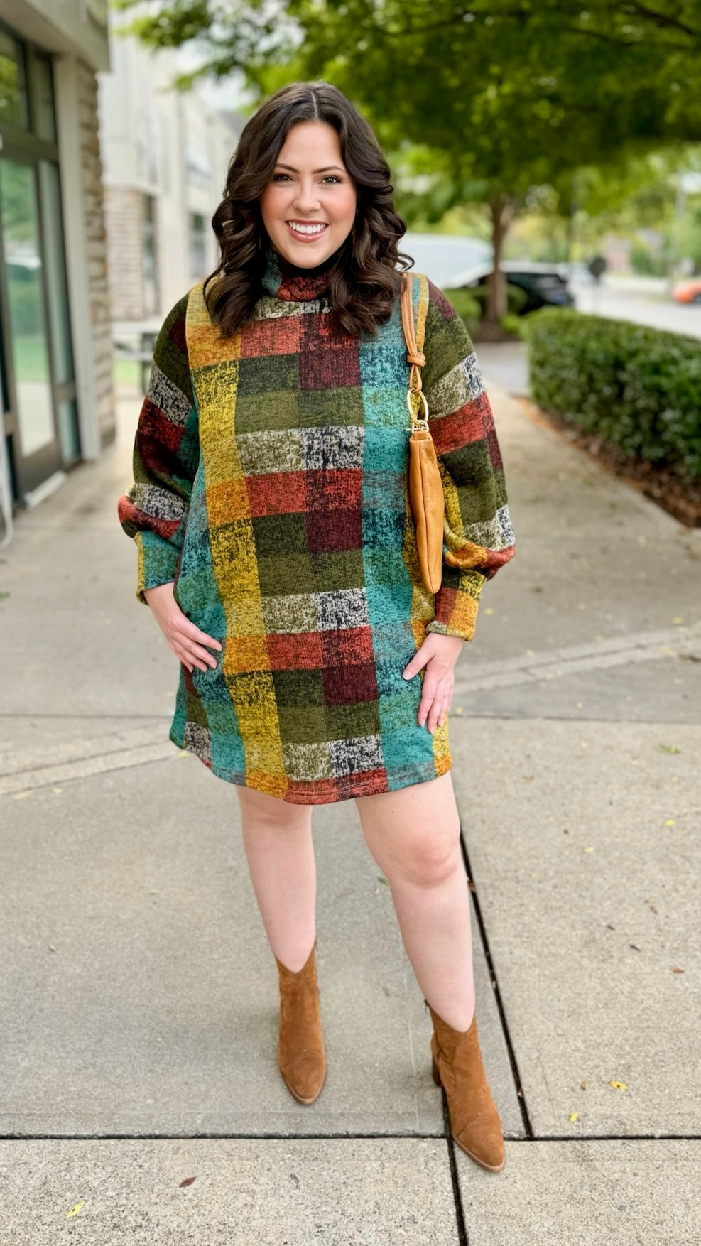 Multi Plaid Sweater Dress - Olive Mix