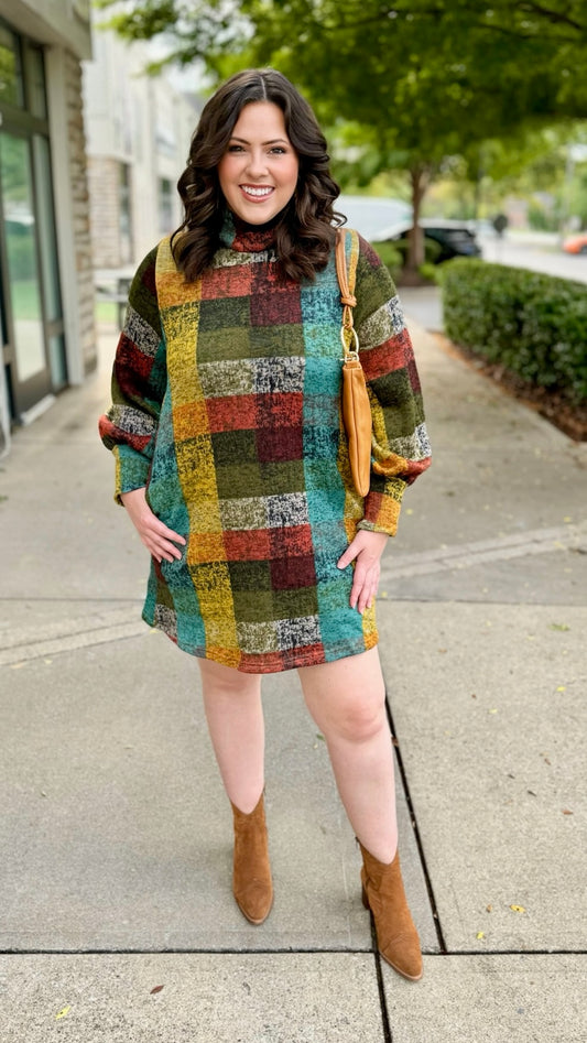 Multi Plaid Sweater Dress - Olive Mix