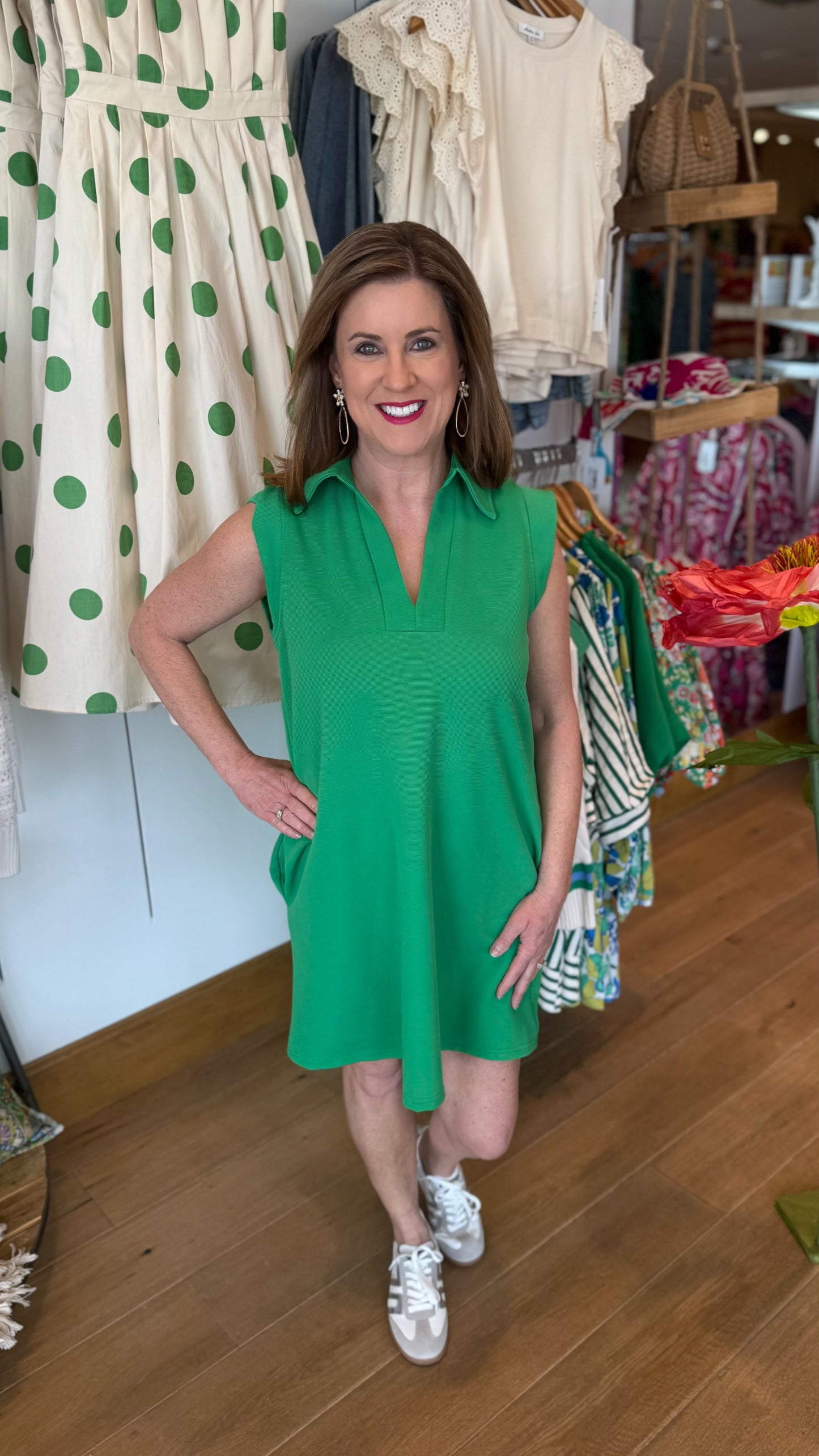 Lilian Ribbed Collared Dress - Kelly Green