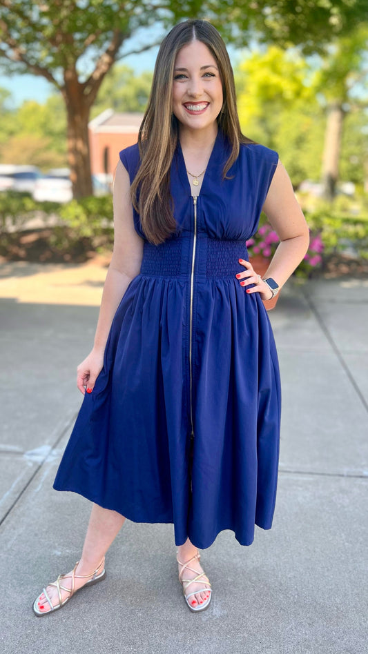 Navy Zip Midi Dress