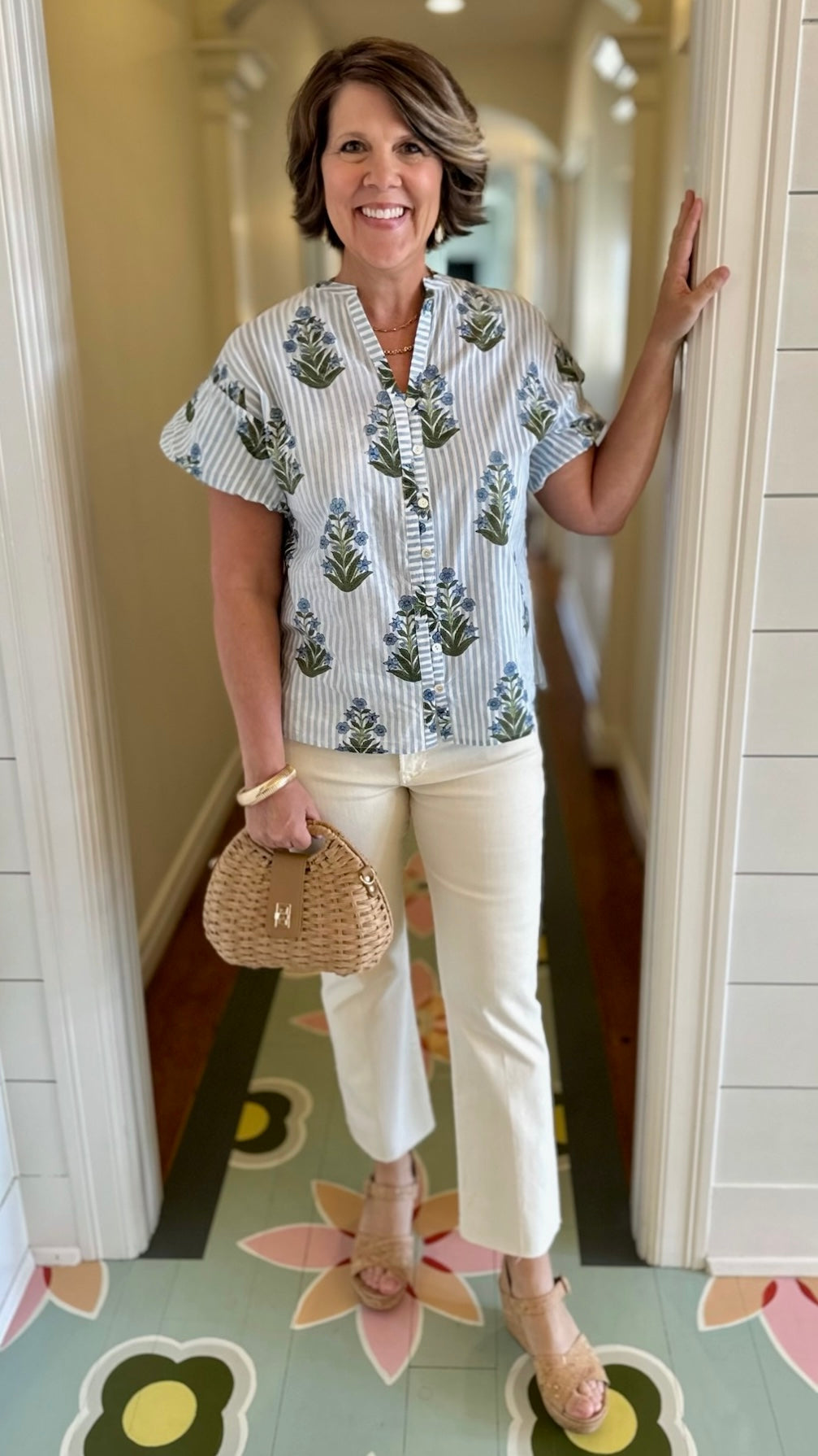 Ivy Jane Striped Block Print Top - Blue