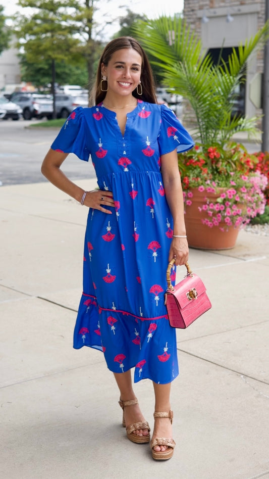Elena Fan Floral Midi Dress - Royal