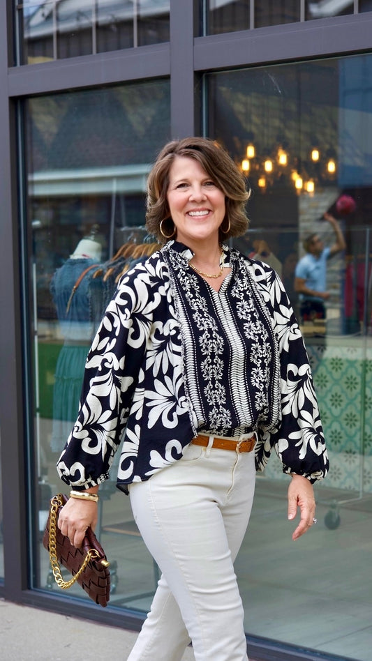 Marla Abstract Blouse With Frayed Trim - Black