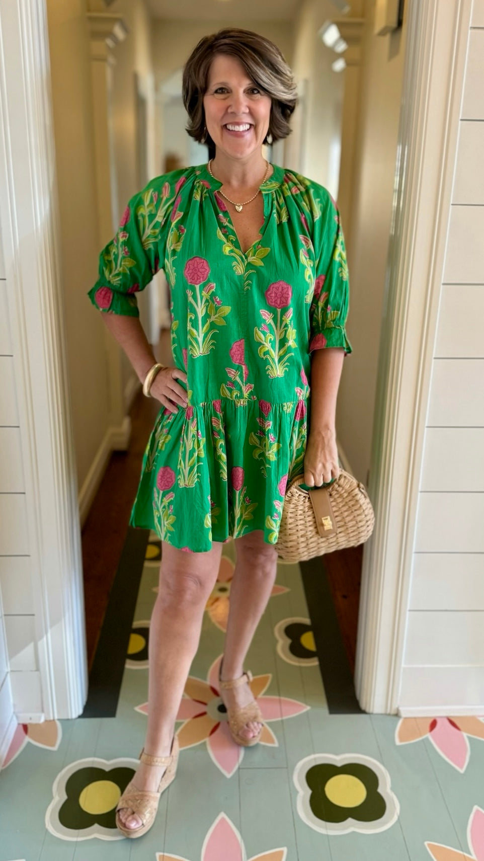 Flora Short Sleeve Flower Print Dress - Green