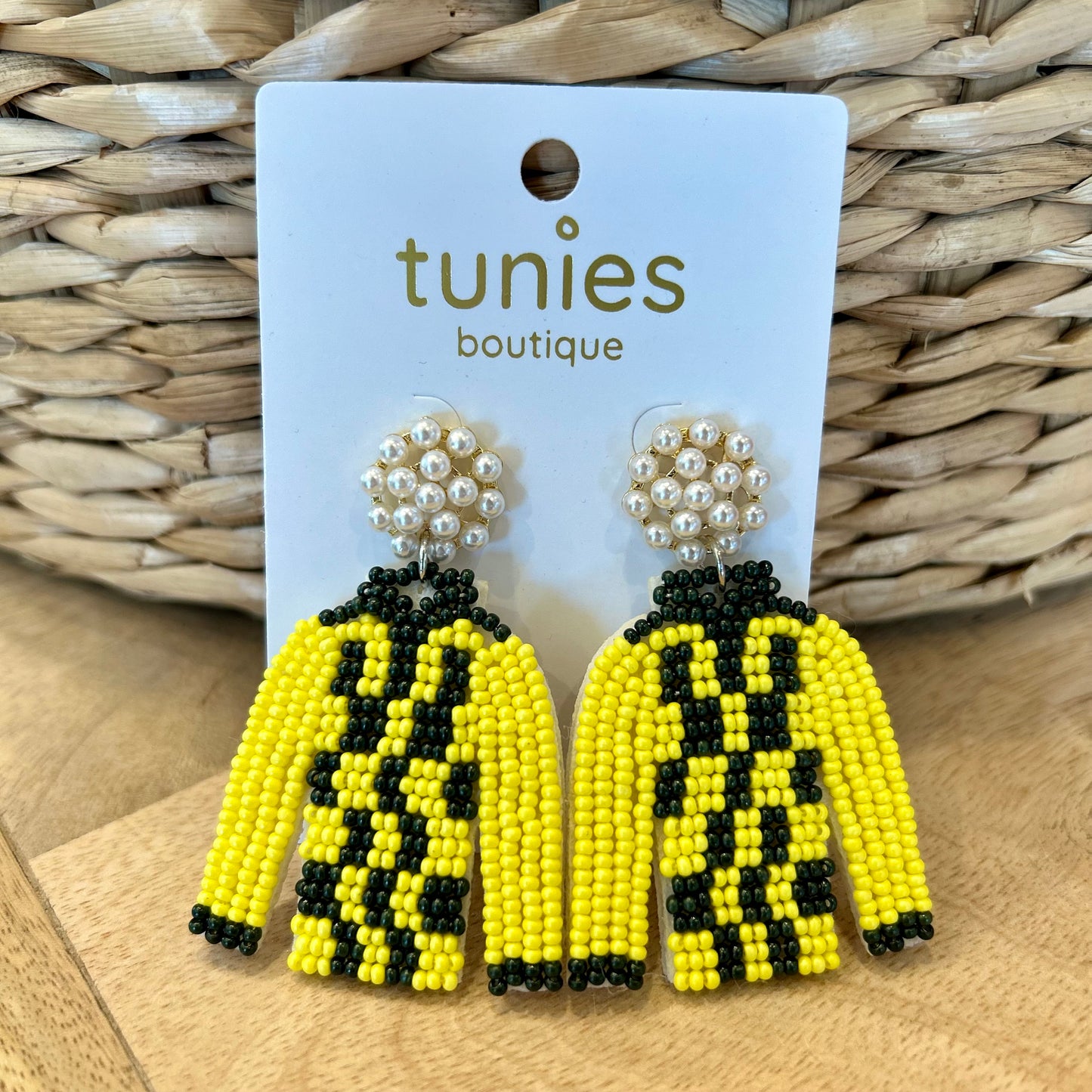Beaded Jockey Earring - Dark Green And Yellow