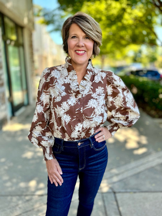 Floral Button Up Blouse - Brown