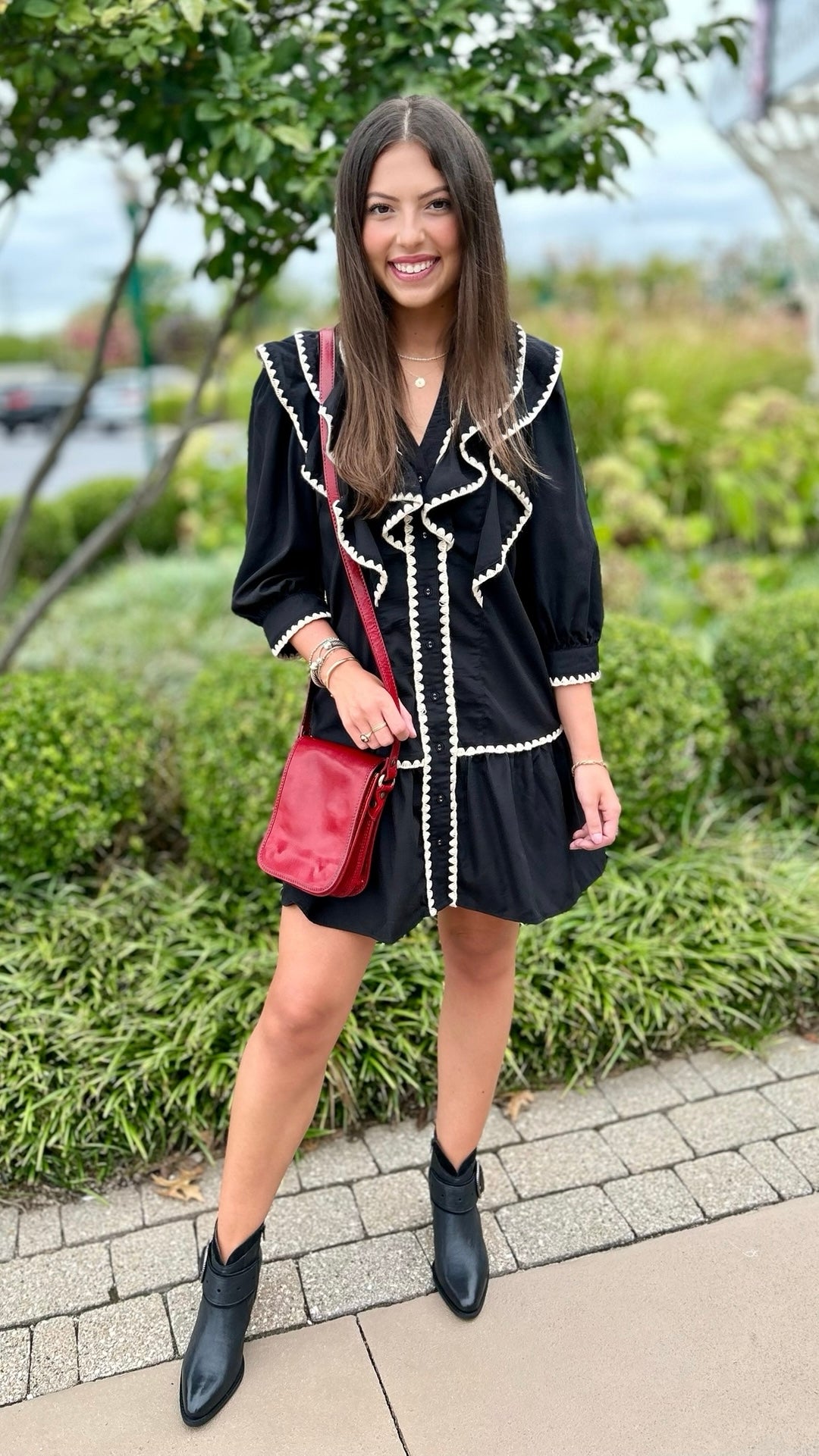 Rachel Black Ruffle & Ecru Trim Dress