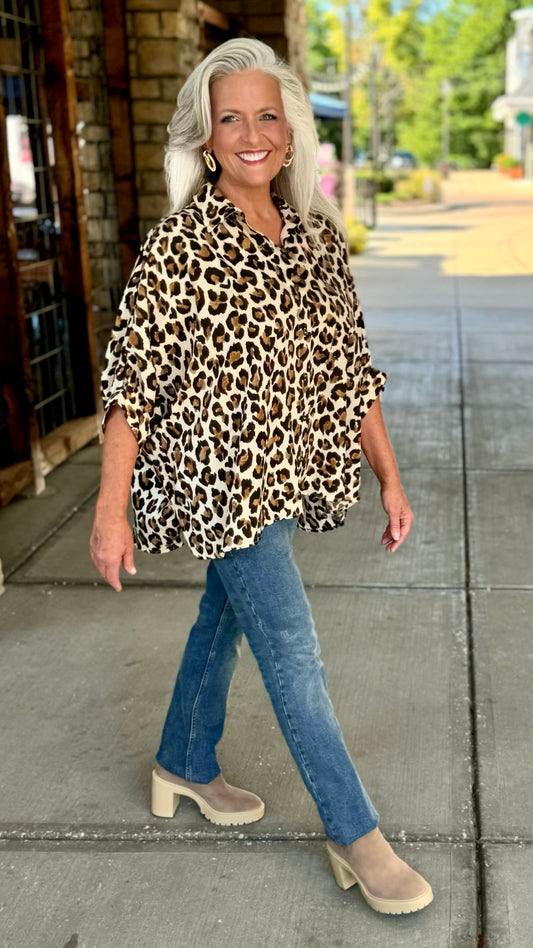 Lavish Leopard Dolman Sleeve Button Blouse - Ecru