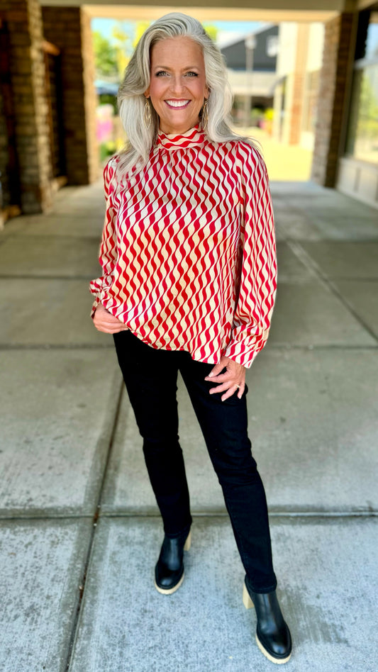 Wonderfully Wavy Tie Back Blouse - Red