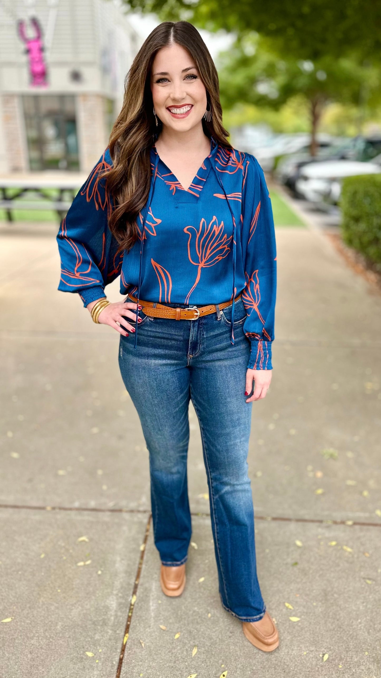 Coastal Blooms Teal & Red Tie Neck Blouse