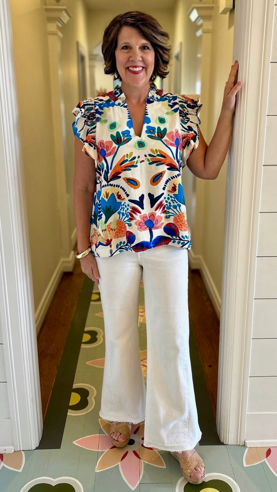 Annmarie Blue Floral Mix Ruffle Sleeve Top