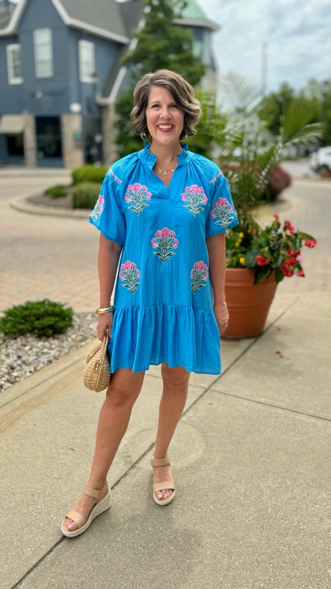 Pops Of Pink Poppies Mini Dress - Ocean