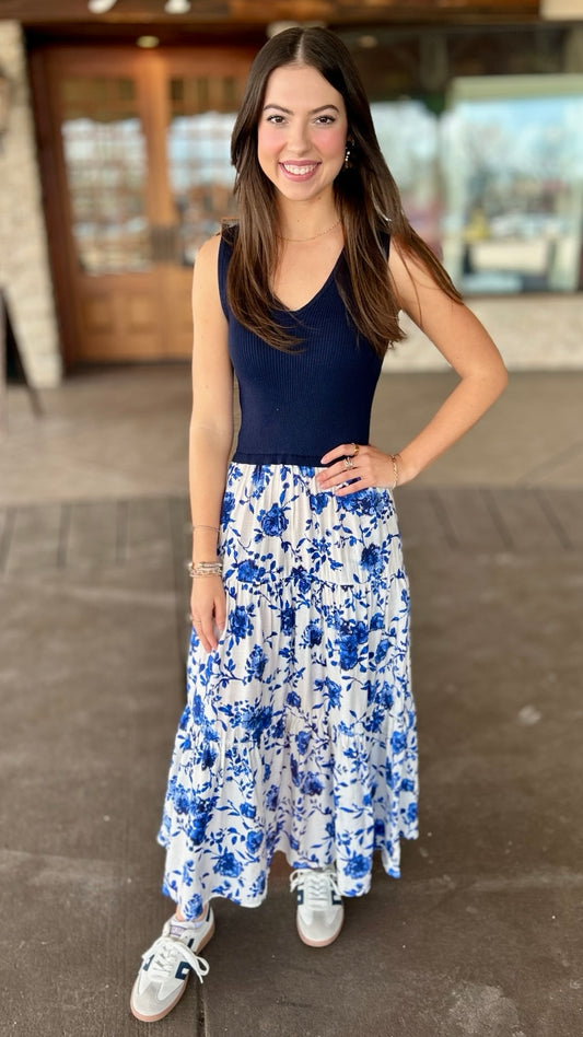 Floral Ikat Mixed Media Maxi Dress - Blue