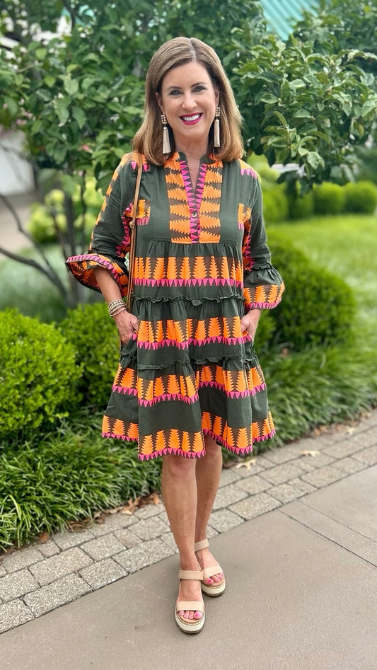 Ivy Jane Jacquard Tiered Dress - Dark Olive