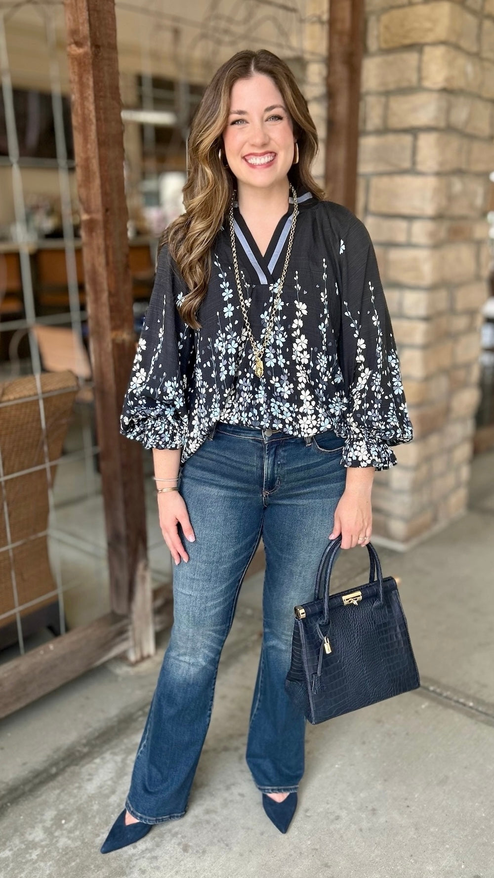 Maddie Floral Long Sleeve Top - Black