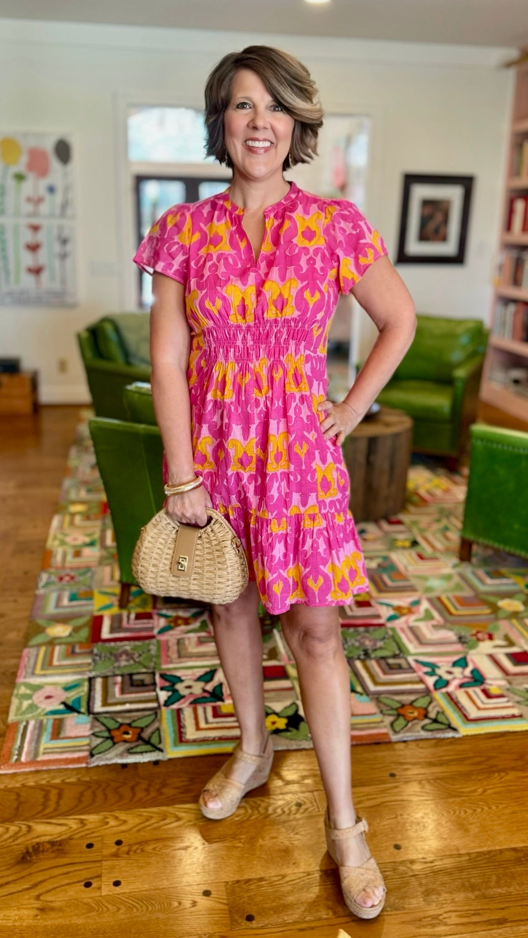 Ivy Jane Pink Ikat Shirred Front Dress