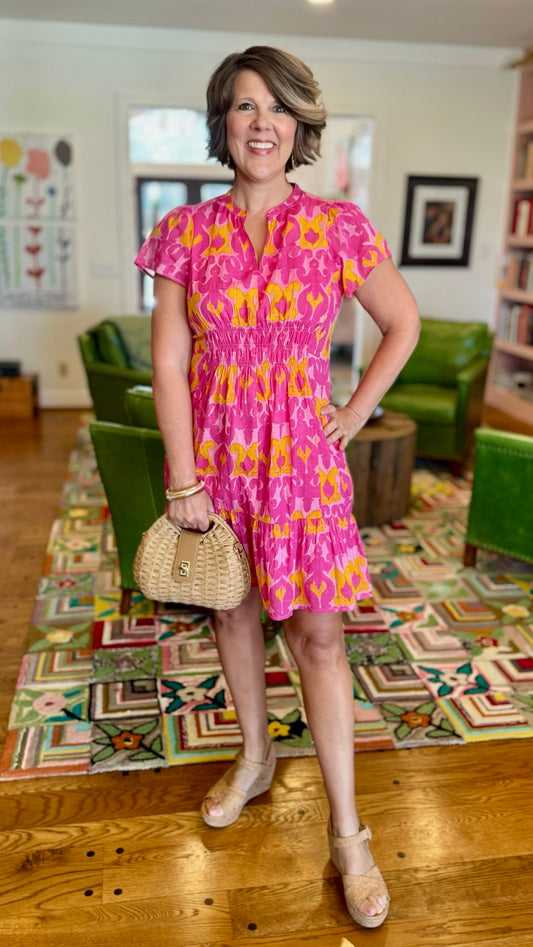 Ivy Jane Pink Ikat Shirred Front Dress