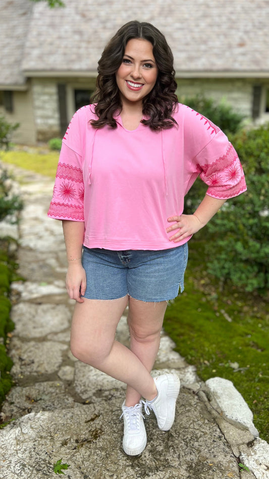 Pink Embroidered Sleeve Summer Hoodie