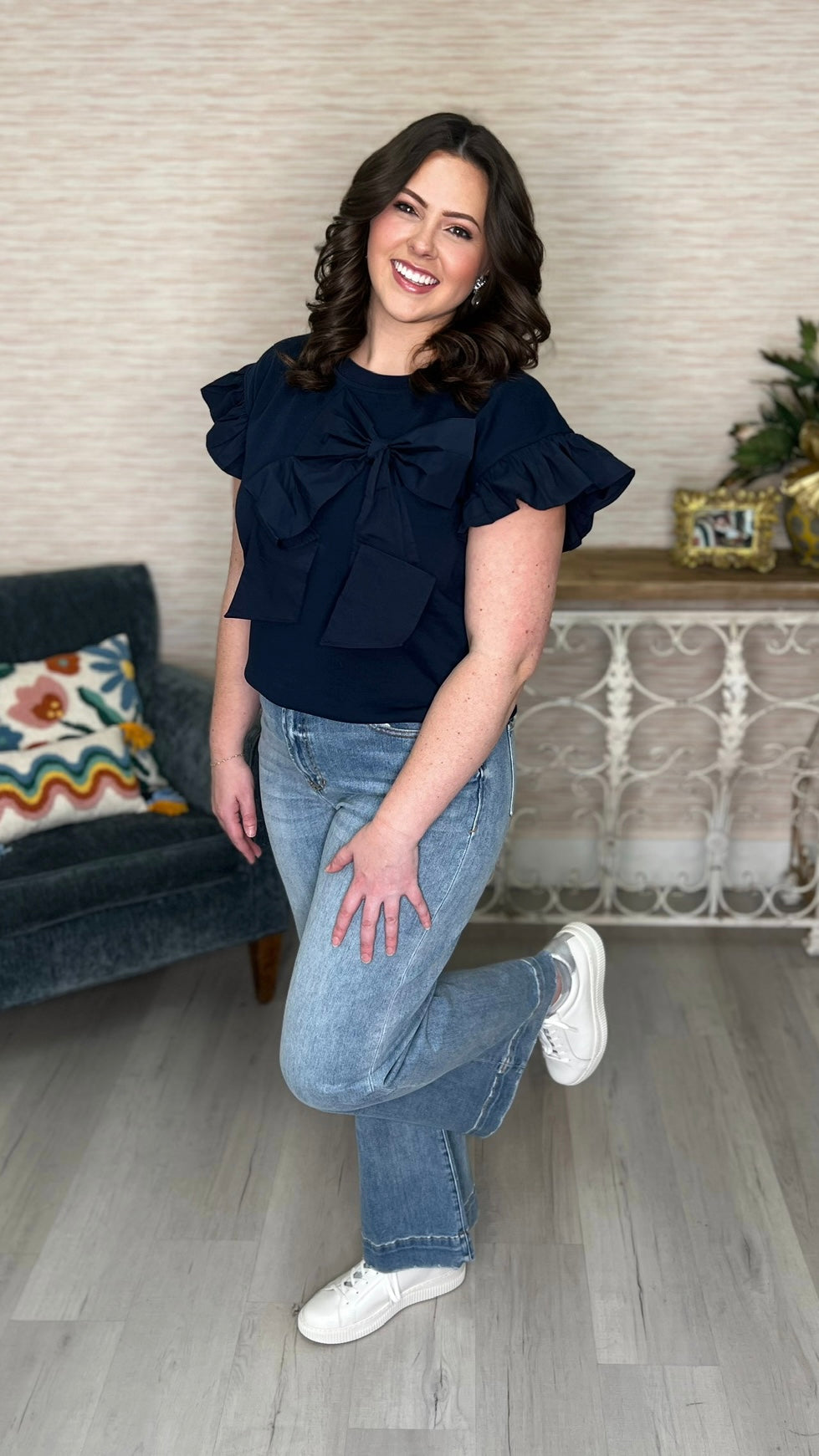 Navy Bow Flutter Sleeve Top