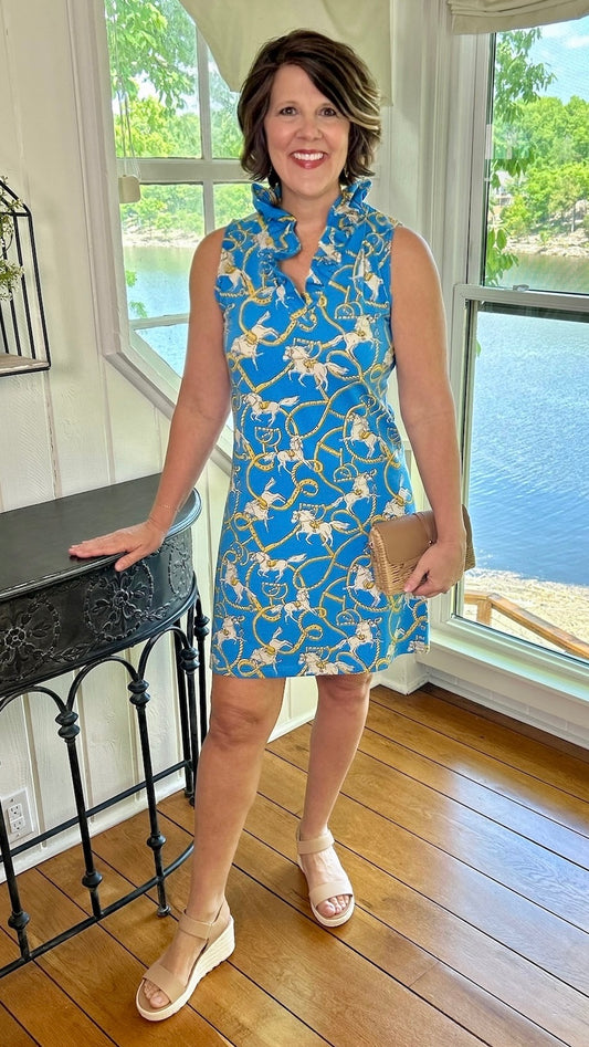 Tabi Horse Bit Ruffle Neck Dress - Blue & Khaki
