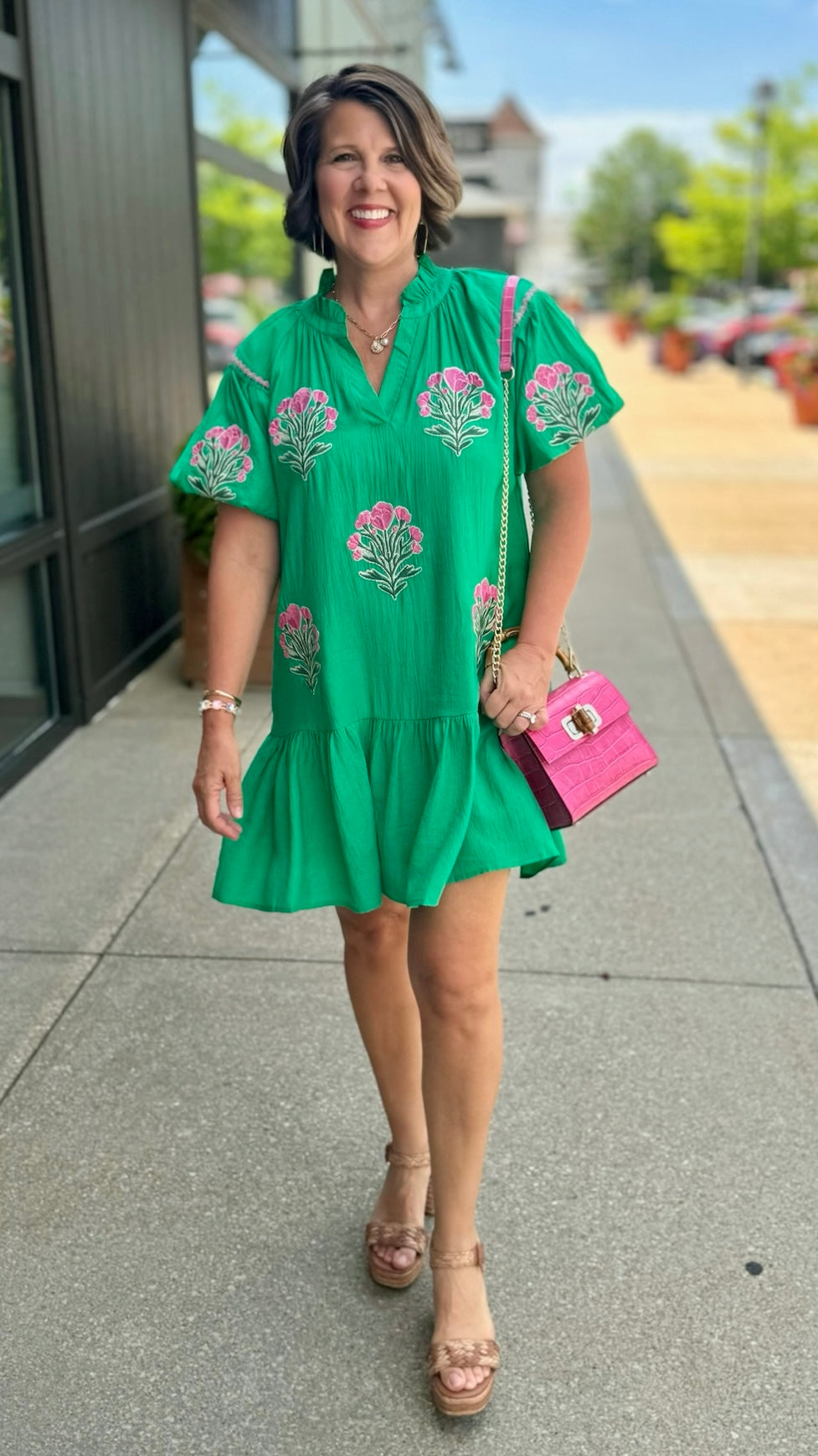 Pops Of Pink Poppies Mini Dress - Green