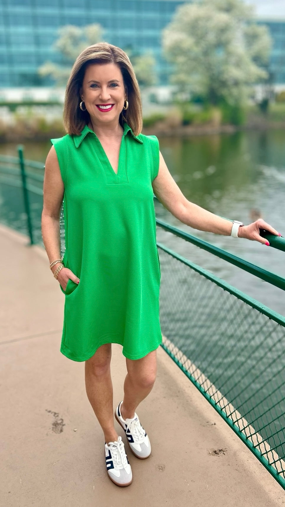 Lilian Ribbed Collared Dress - Kelly Green