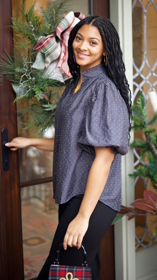 Julia Rhinestone Studded Top - Charcoal