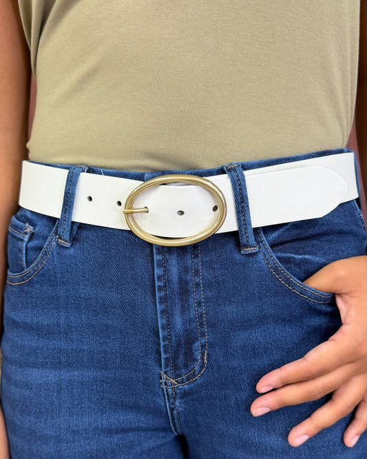 White Leather Belt - Gold Oval Buckle
