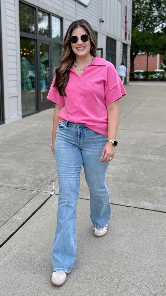 Washed V Neck Pullover - Fuchsia