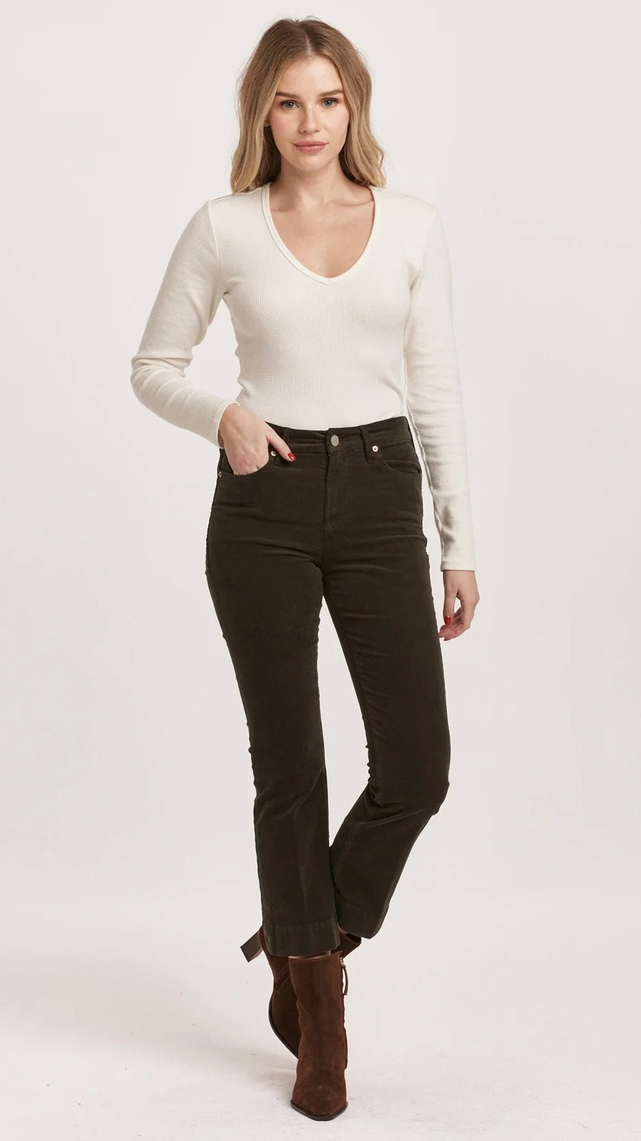 Dear John Jeanne Crop Microflare Corduroy - Forest Pine