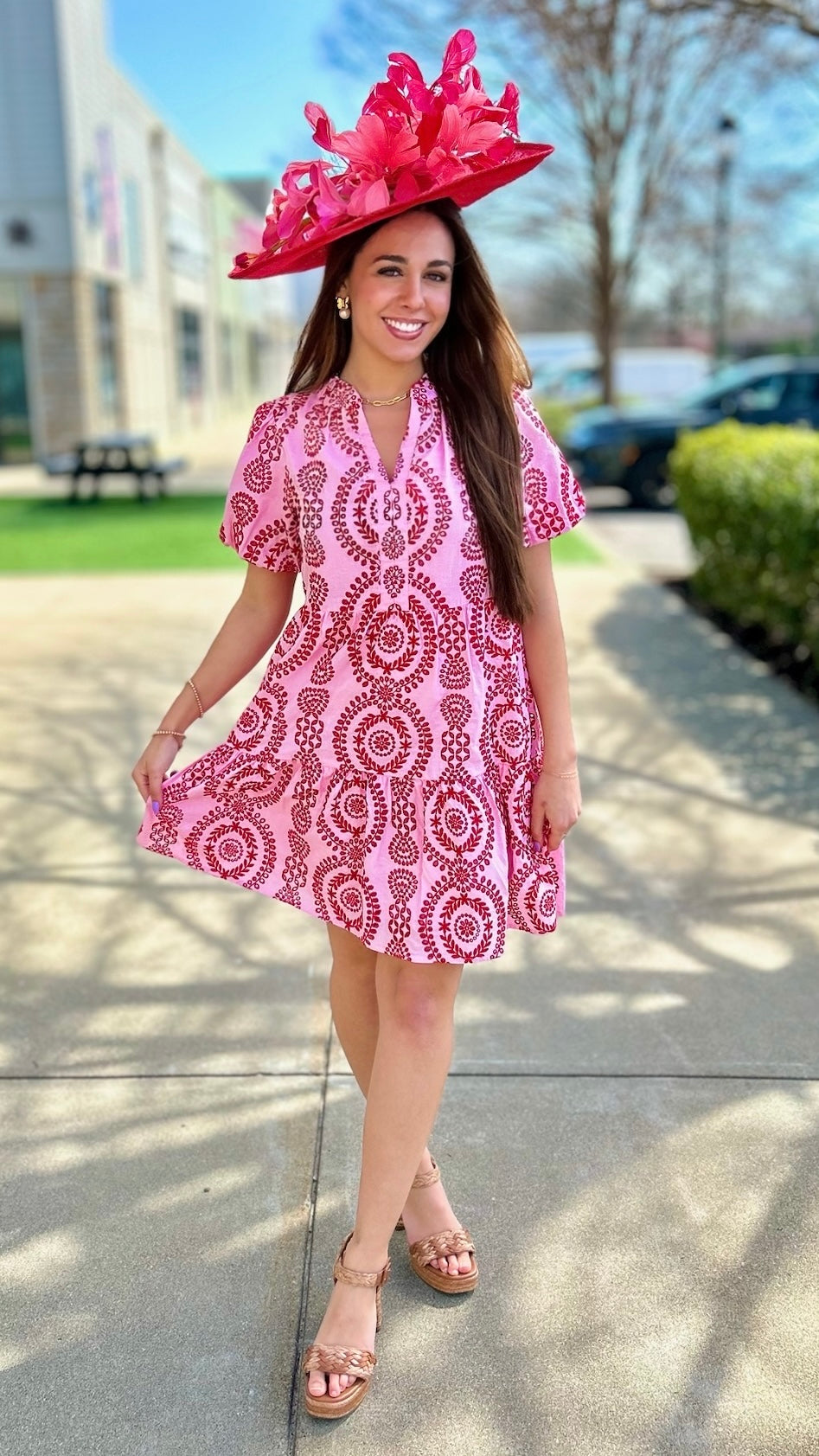 Eva Eyelet Embroidered V Neck Dress - Pink & Red